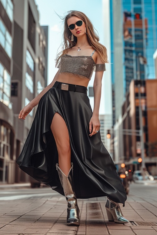 A woman wears silver cowboy boots with a long black skirt and a crop top