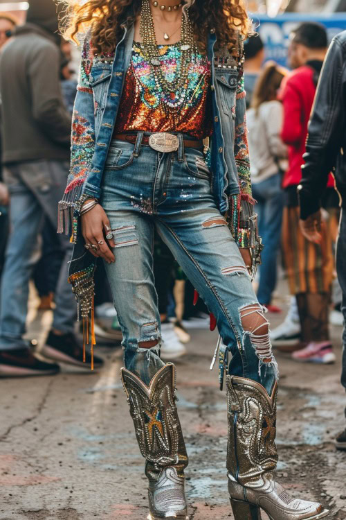 A woman wears silver cowboy boots with ripped jeans, colorful top and distressed denim jacket