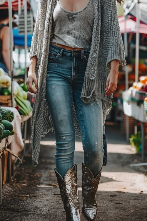 A woman wears sparkly cowboy boots with jeans, grey tank and cardigan