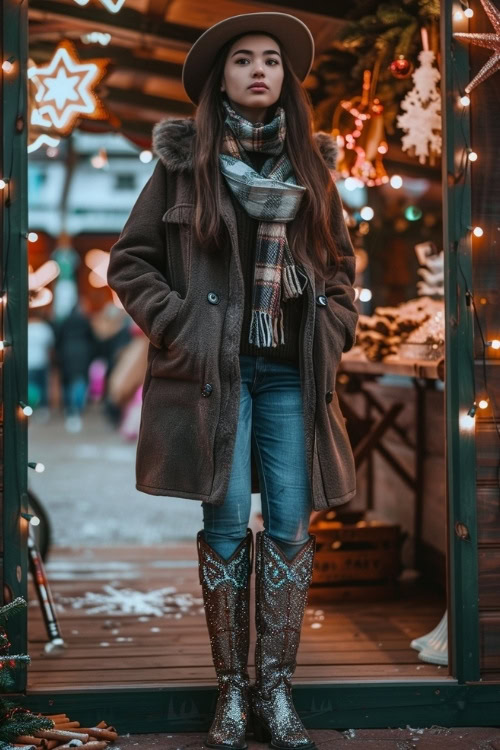 A woman wears sparkly cowboy boots with jeans, long trench coat and a plaid scarf