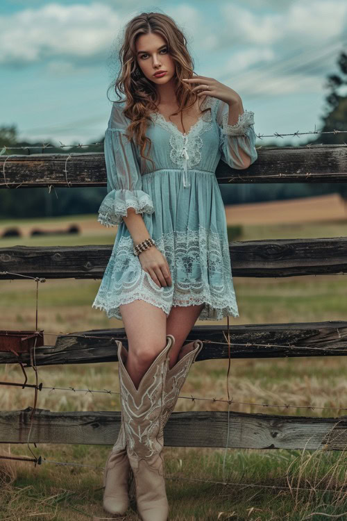 A woman wears tan cowboy boots with an eyelet blue dress