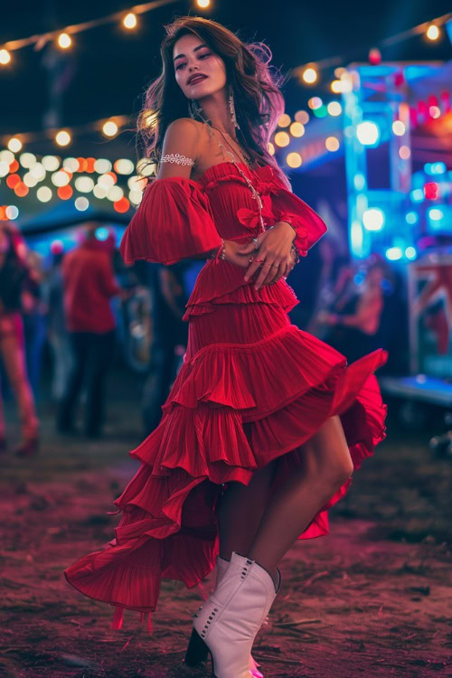 A woman wears white ankle cowboy boots with a long ruffle red dress