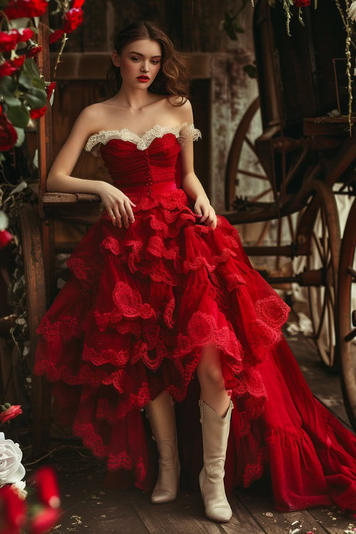 A woman wears white cowboy boots, a long and ruffle wedding red dress