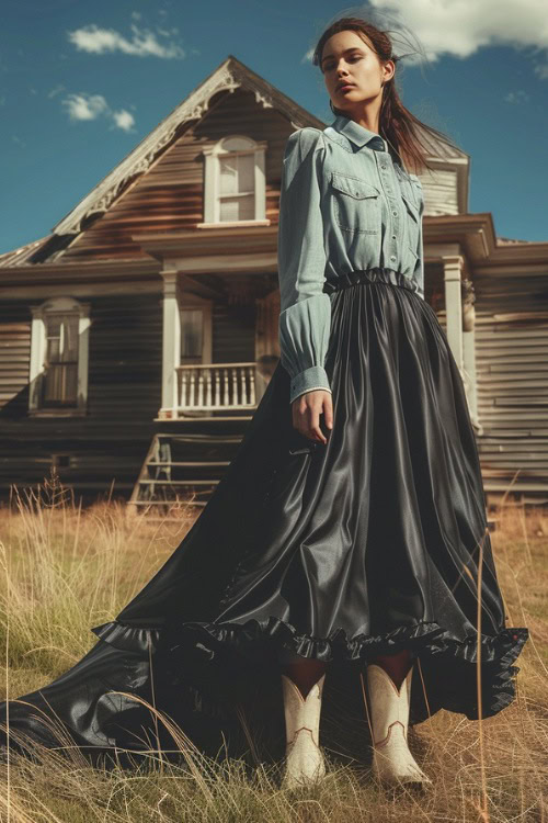 A woman wears white cowboy boots, a satin skirt and a denim shirt