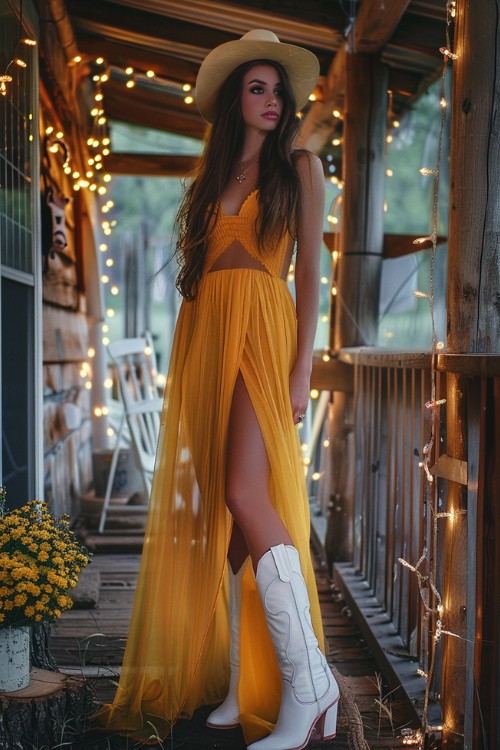 A woman wears white cowboy boots and a long flowy yellow dress