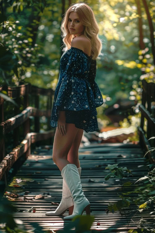 A woman wears white cowboy boots and a navy blue floral dress on the bridge