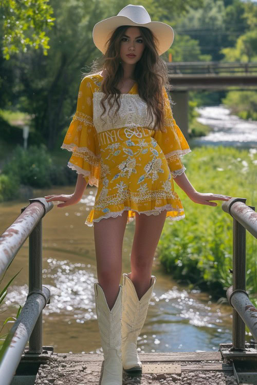 A woman wears white cowboy boots and a yellow romper dress