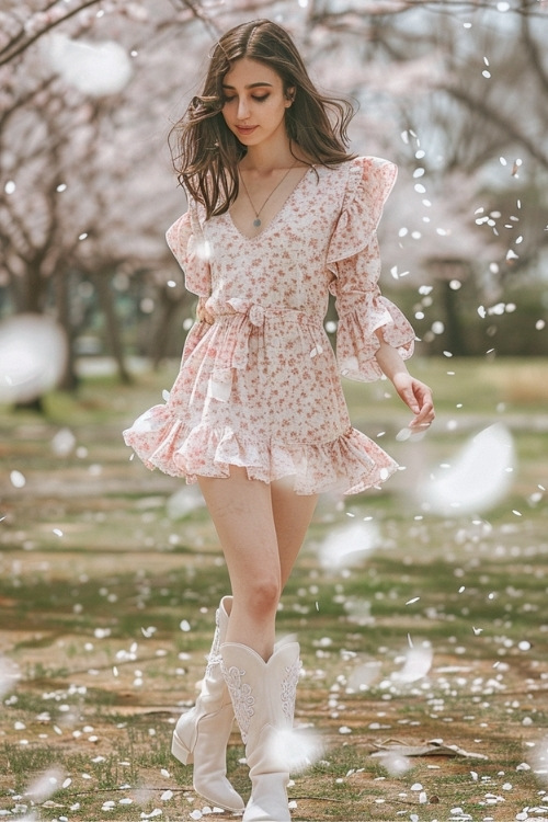 A woman wears white cowboy boots with a floral pink dress