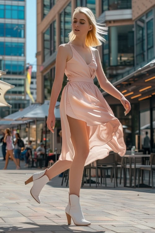 A woman wears white cowboy boots with a flowy midi pink dress