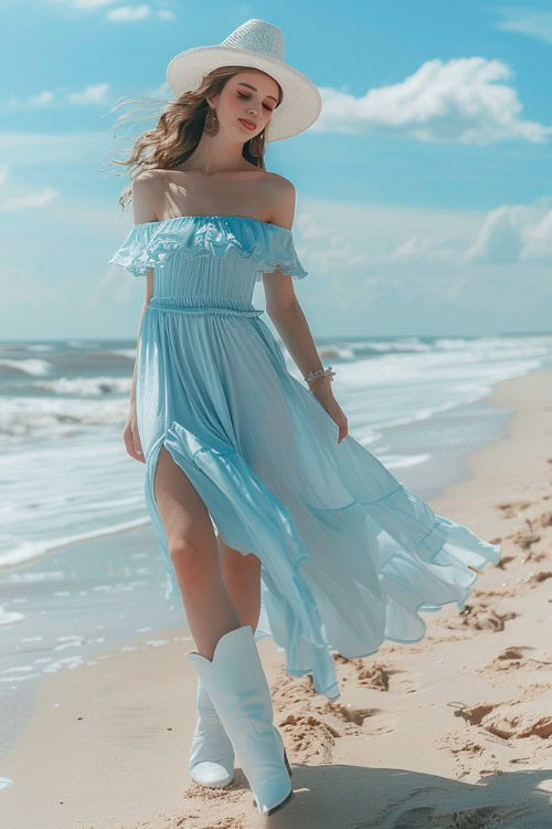 A woman wears white cowboy boots with a light blue flowy dress