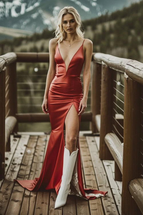 A woman wears white cowboy boots with a long and high slit red dress
