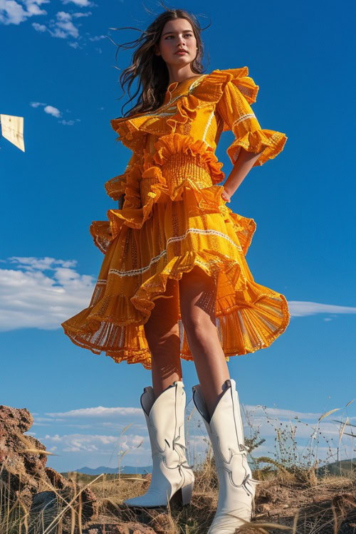 A woman wears white cowboy boots with a long yellow ruffle dress