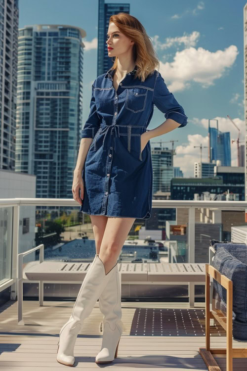 A woman wears white cowboy boots with a navy blue denim dress