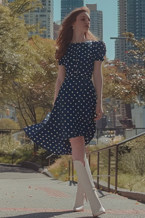 A woman wears white cowboy boots with a navy blue dotted dress