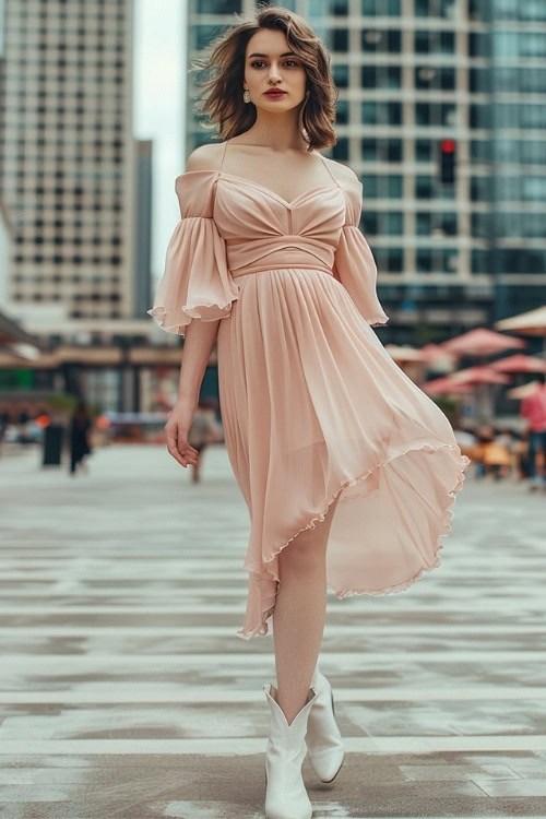 A woman wears white cowboy boots with a pink flowy dress