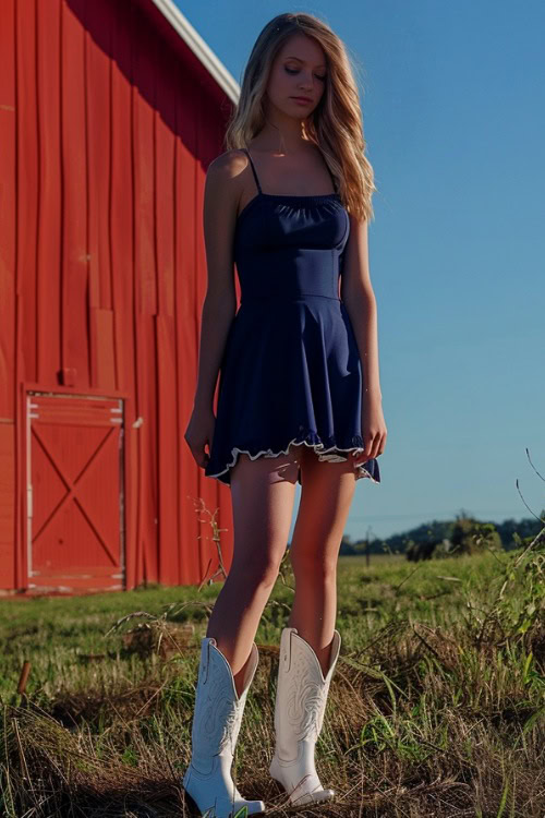 A woman wears white cowboy boots with a short navy blue dress