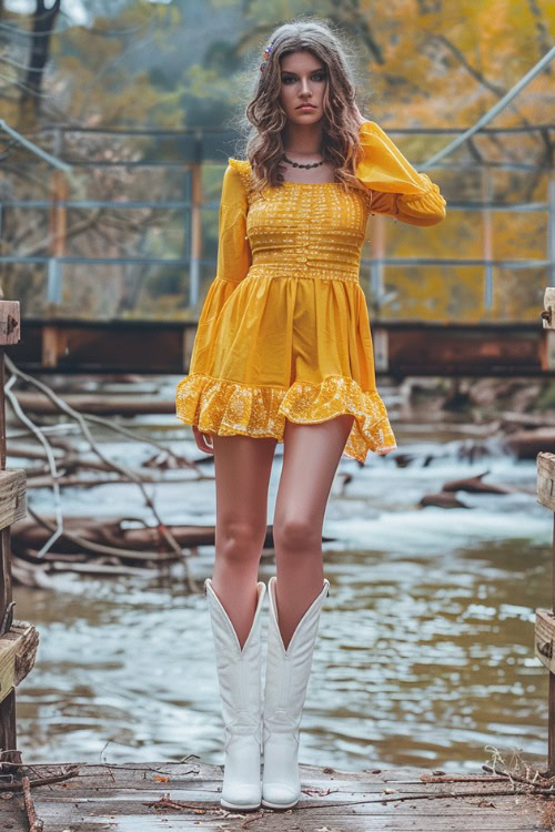 A woman wears white cowboy boots with a yellow dress