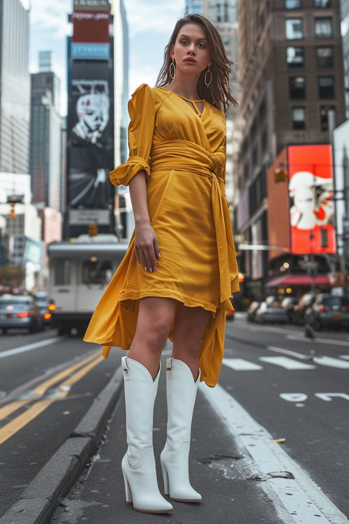 A woman wears white cowboy boots with a yellow wrap dress