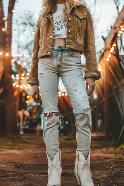 A woman wears white cowboy boots with suede top and a crop top