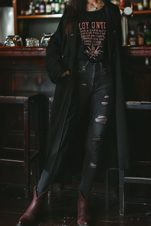 a woman wears a T shirt, ripped jeans, a long coat and brown ankle cowboy boots