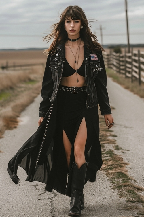 a woman wears a bikini top, black skirt, denim jacket and black cowboy boots