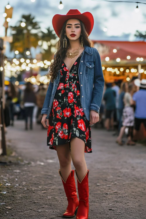 a woman wears a black and red floral dress, denim jacket and red cowboy boots