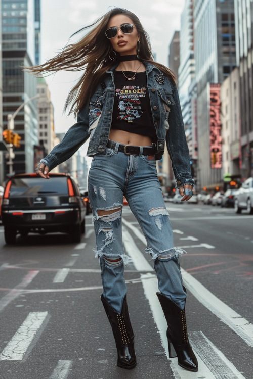 a woman wears a black crop top, ripped jeans, denim jacket and black cowboy boots