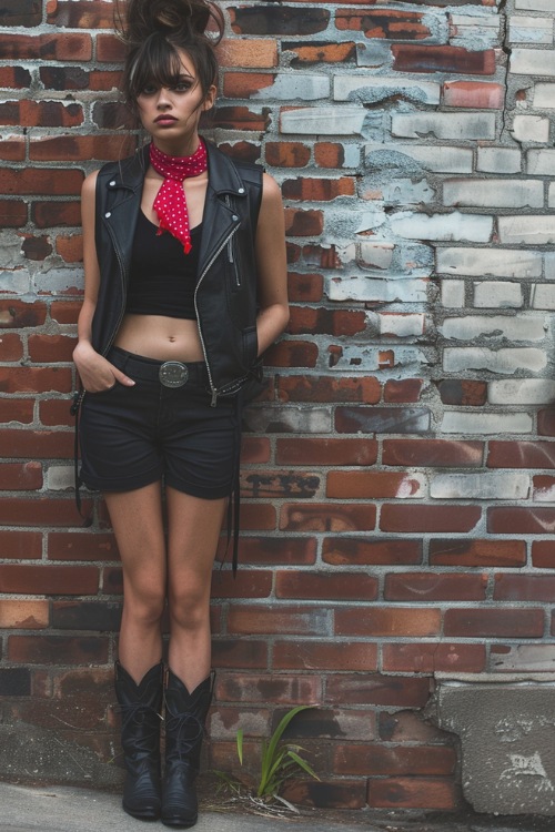 a woman wears a black crop top, shorts, leather vest and black cowboy boots
