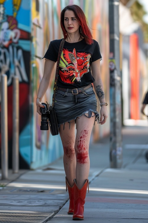 a woman wears a black graphic tee, short denim skirt and red cowboy boots