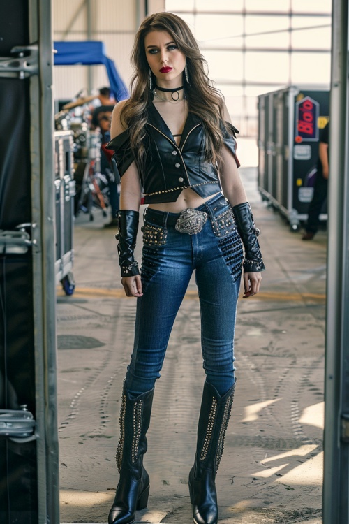 a woman wears a black leather top, jeans and black cowboy boots