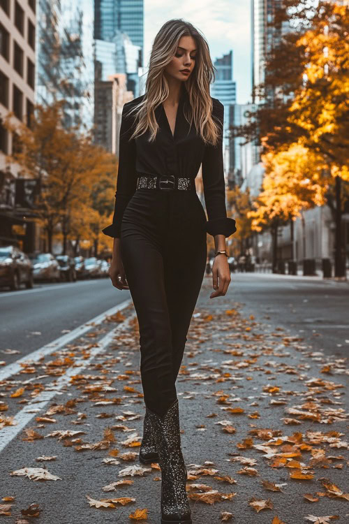 a woman wears a black shirt, black pants with black sparkly cowboy boots