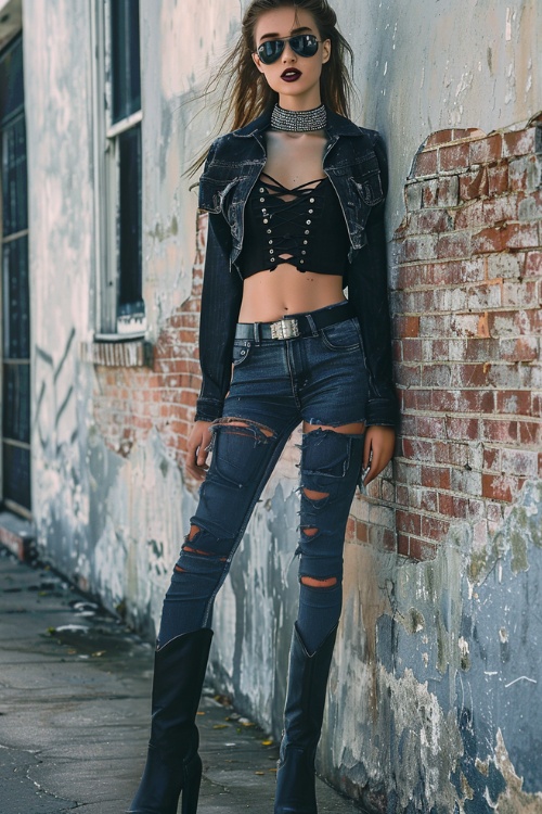 a woman wears a black top and ripped jeans with leather jacket