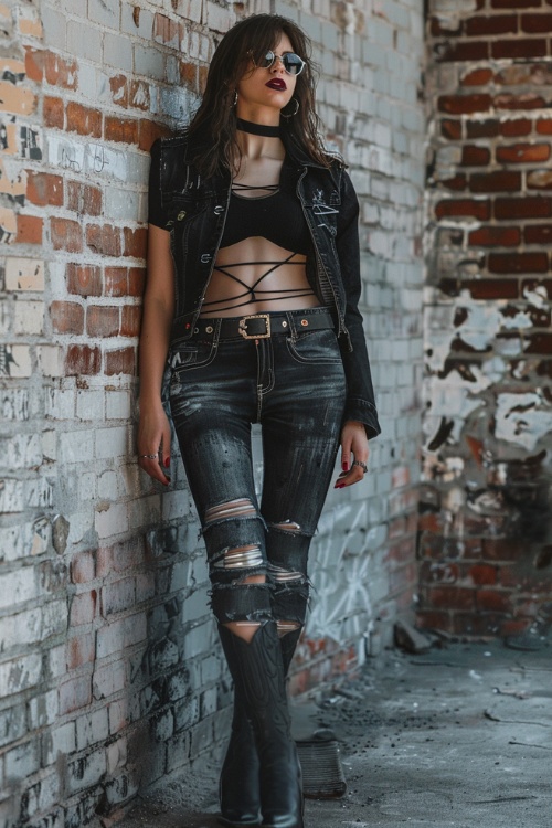 a woman wears a black top, black ripped jeans and black cowboy boots