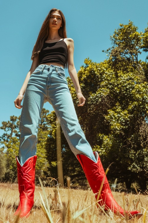 a woman wears a black top, blue jeans and red cowboy boots