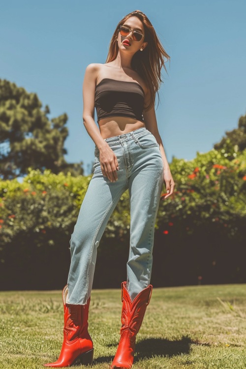 a woman wears a black top, jeans and red cowboy boots