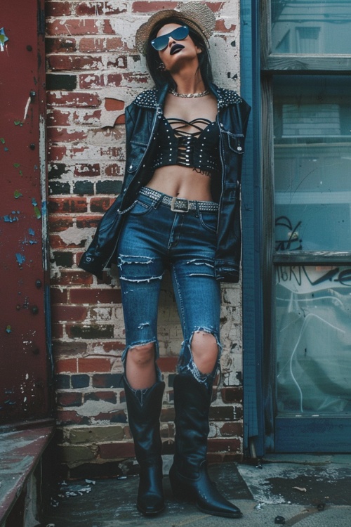 a woman wears a black top, jeans, leather jacket, ripped jeans and black cowboy boots