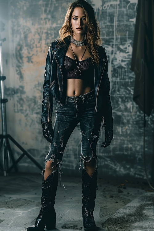 a woman wears a black top, ripped jeans and black cowboy boots with jacket