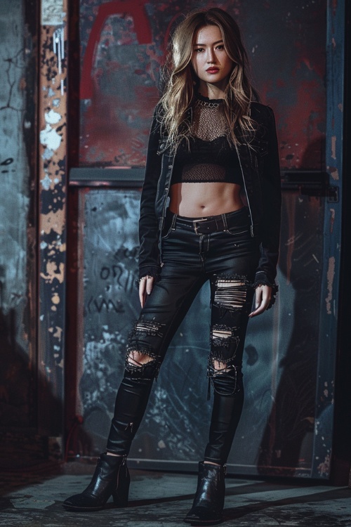 a woman wears a black top, ripped pants and black cowboy boots
