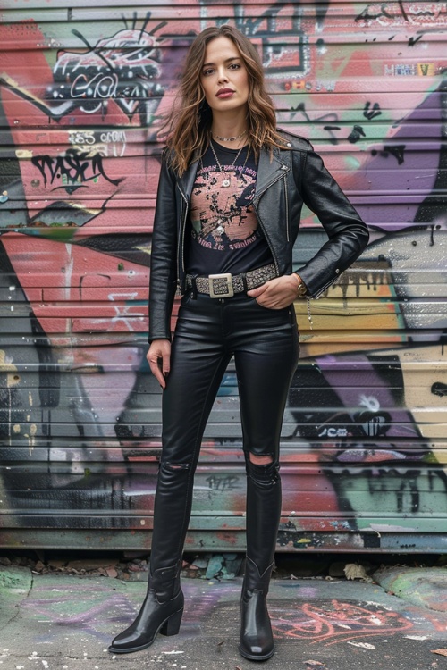 a woman wears a black top, ripped pants, leather jacket and black cowboy boots