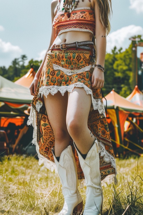 a woman wears a boho crop top with boho skirt and white cowboy boots