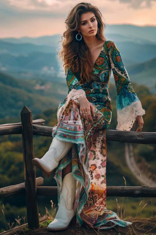 a woman wears a boho maxi dress and white short cowboy boots