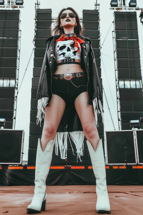 a woman wears a fringe jacket, black shorts and studded cowboy boots