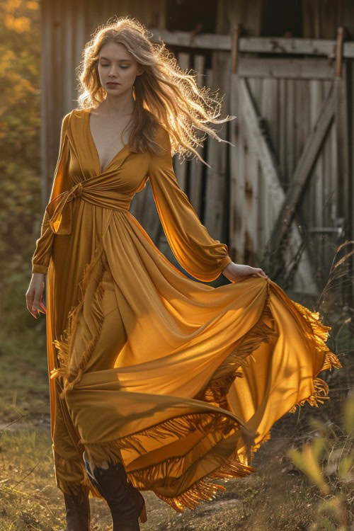 a woman wears a gold maxi dress with cowboy boots