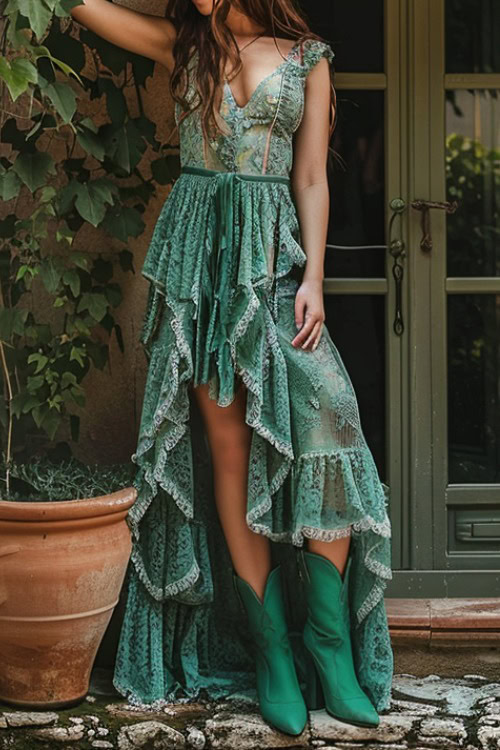 a woman wears a green maxi dress with green cowboy boots