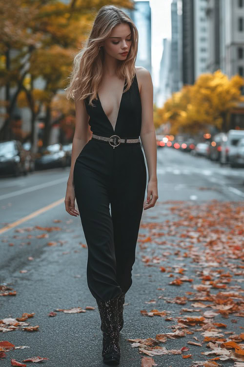 a woman wears a jumpsuit with black sparkly cowboy boots