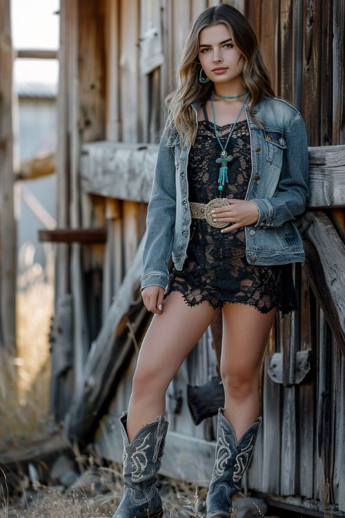 a woman wears a lace black dress, cowboy boots and jean jacket