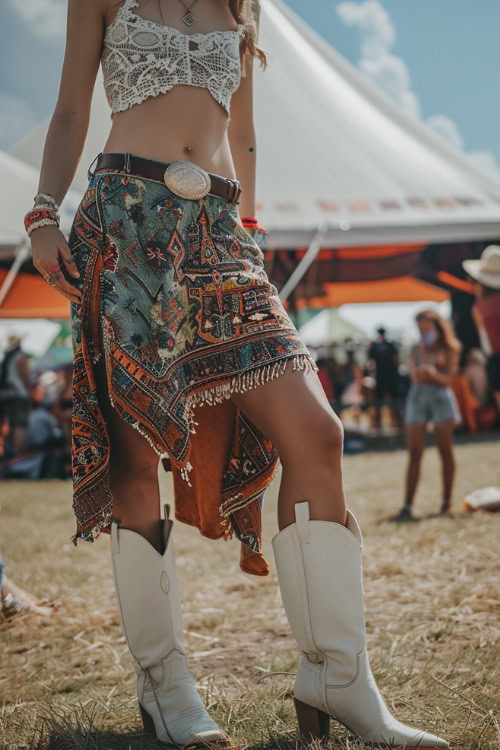 a woman wears a lace top, boho skirt and white cowboy boots