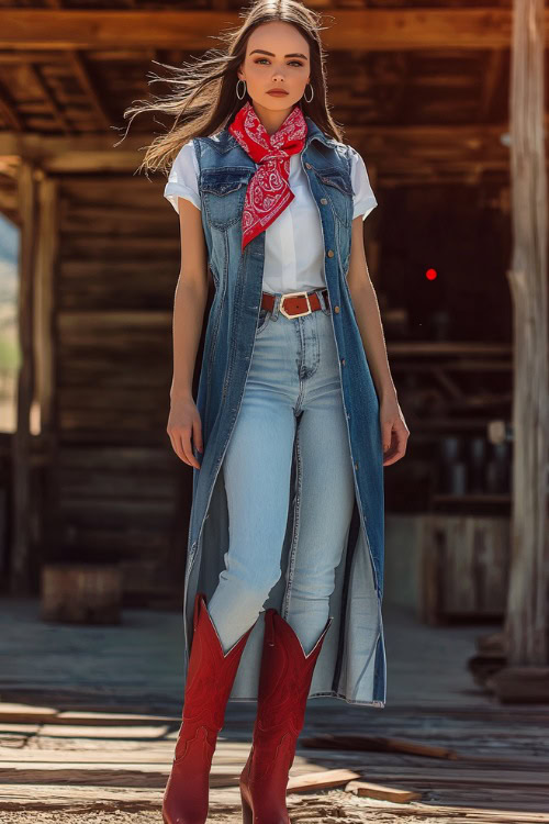 a woman wears a long denim vest with a white shirt, jeans and red cowboy boots