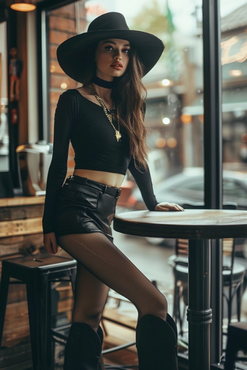 a woman wears a long sleeve top, a leather skirt with cowboy boots