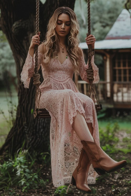 a woman wears a pink lace maxi dress with brown cowboy boots